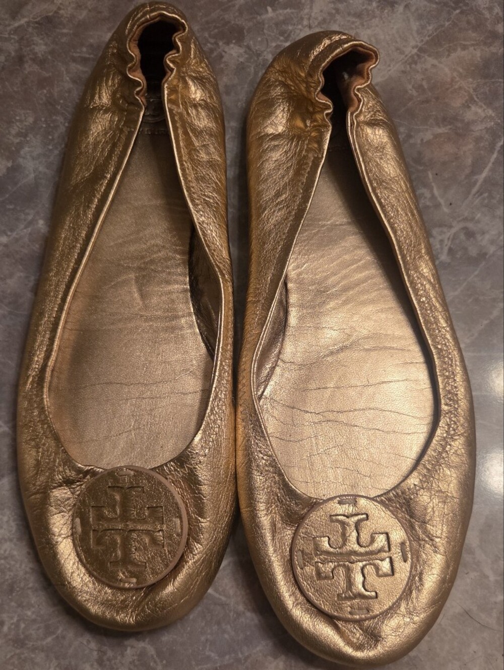 Tory Burch Metallic Rose Gold Leather Ballet Flats
